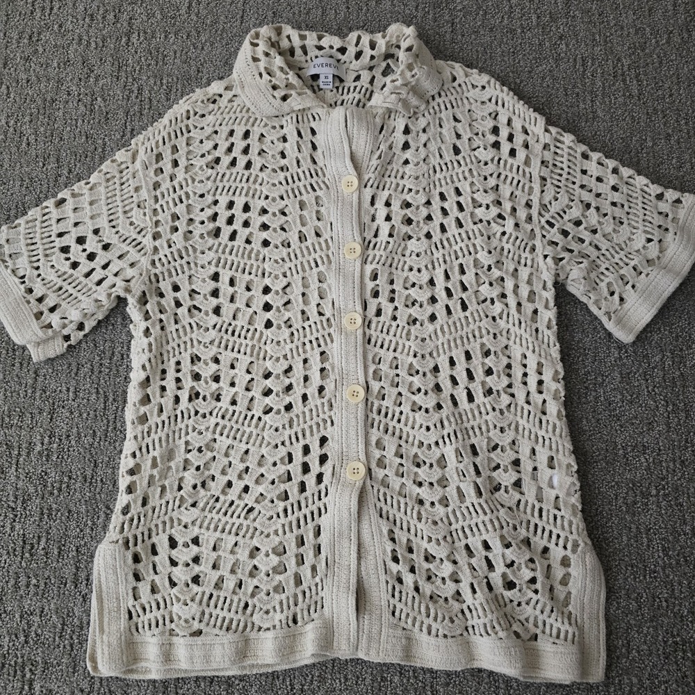 Evereve Crochet Knit Cardigan XS‎ Cream Open Knit Boho Cottagecore Button Up